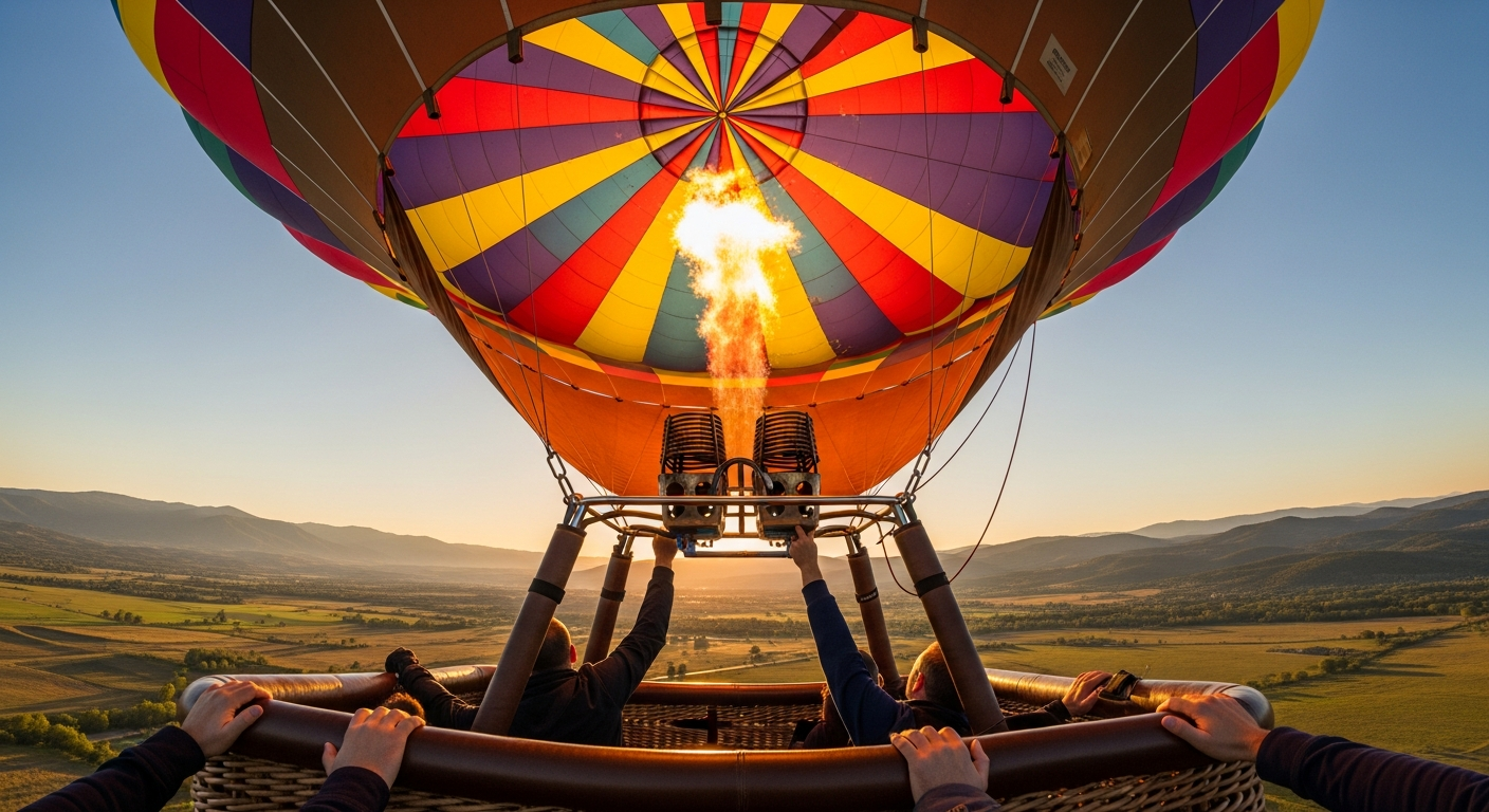Passengers in hot air balloon basket